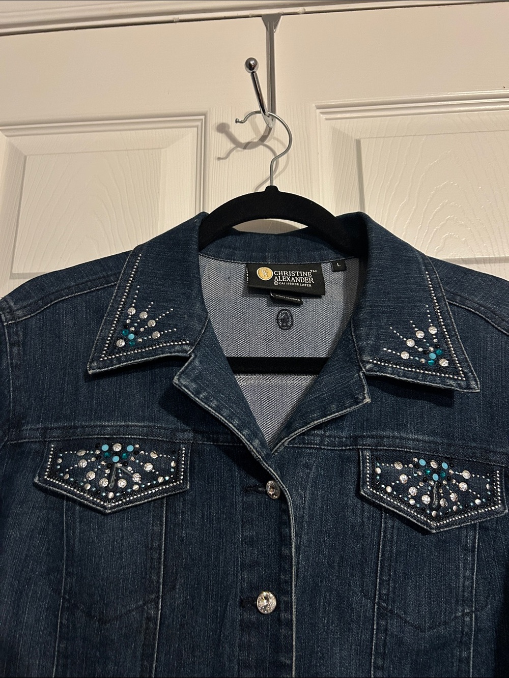 Christine Alexander Dark Blue Denim Jacket with Crystal Accents - Picture 3 of 14